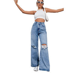 Fashionable ripped denim bootcut pants for women