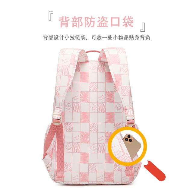 INS trend pink color plaid middle school bag backpack