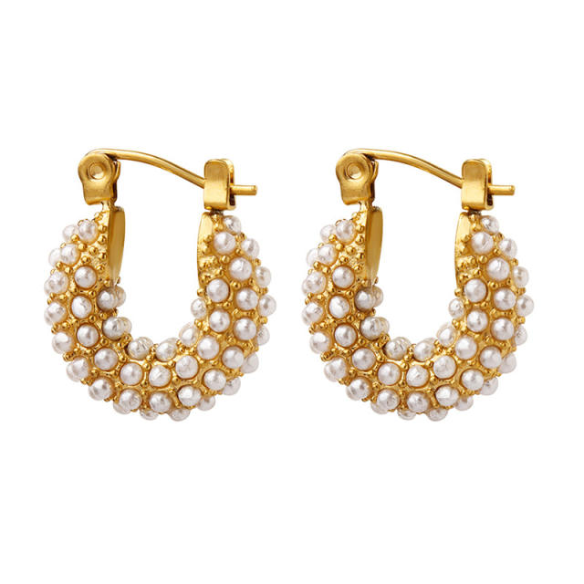 Elegant pearl bead u shape stainless steel huggie earrings