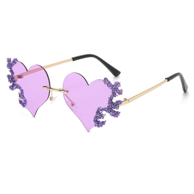 Personality funny colorful rhinestone heart shape rimless sunglasses
