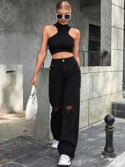 Fashionable ripped denim bootcut pants for women