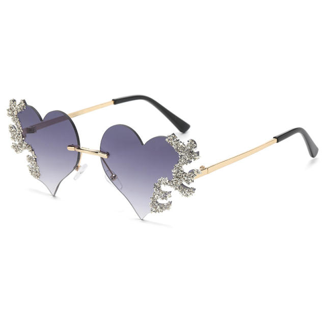 Personality funny colorful rhinestone heart shape rimless sunglasses