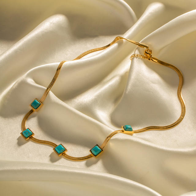 18K turquoise stainless steel herringbone chain choker necklace