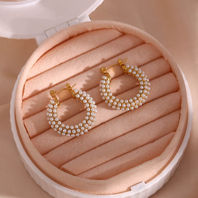 18K full pearl bead stainless steel small hoop earrings huggie earrings