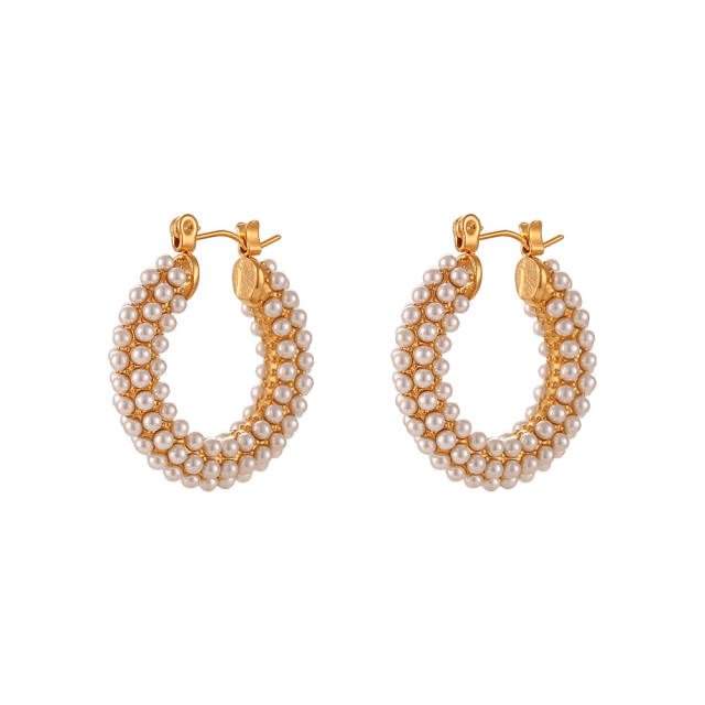 18K full pearl bead stainless steel small hoop earrings huggie earrings