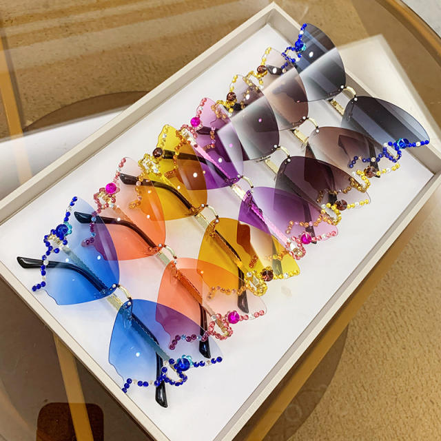 Personality colorful diamond butterfly rimless sunglasses