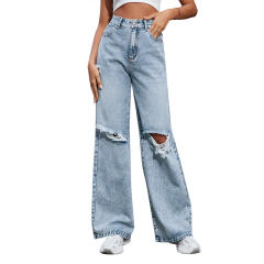 Fashionable ripped denim bootcut pants for women