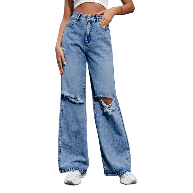 Fashionable ripped denim bootcut pants for women