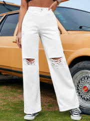 Fashionable ripped denim bootcut pants for women