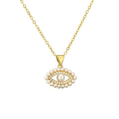 Elegant pearl bead cross evil eye pendant gold plated copper necklace