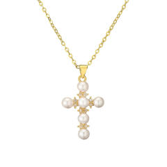 Elegant pearl bead cross evil eye pendant gold plated copper necklace