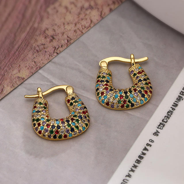 Luxury chunky pave setting cubic zircon gold plated copper huggie earrings
