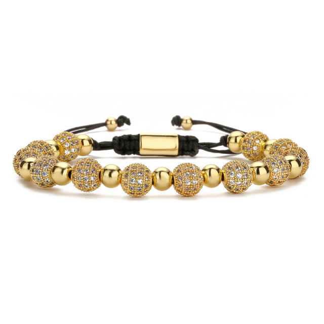 8mm Diamond ball bead gold plated copper bracelet for men