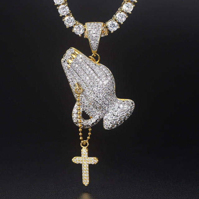 Hiphop diamond pray hand tennis chain necklace for men