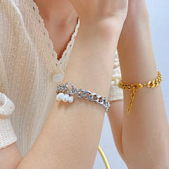 Chunky stainless steel cuban link chain pearl bracelet