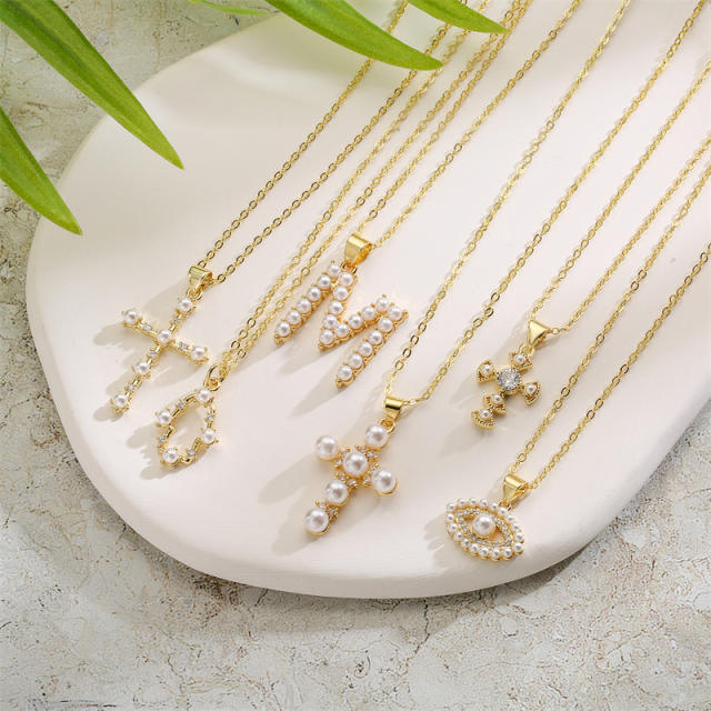 Elegant pearl bead cross evil eye pendant gold plated copper necklace