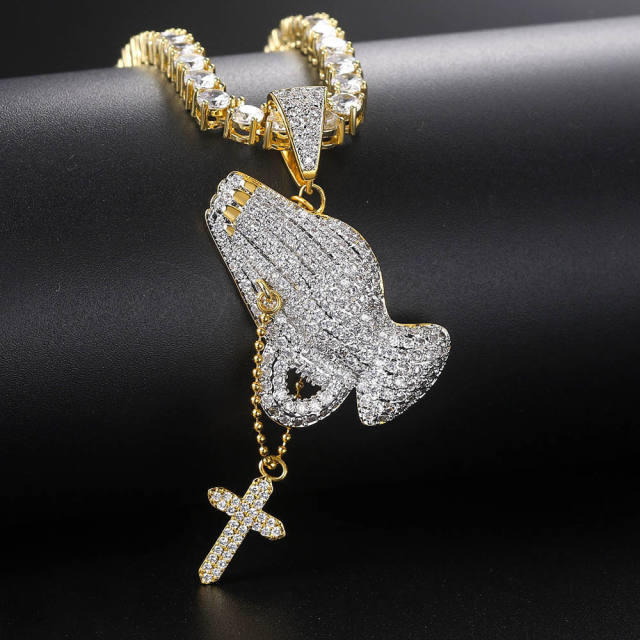 Hiphop diamond pray hand tennis chain necklace for men