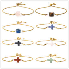 Natural crystal stone cross square stainless steel chain slide bracelet