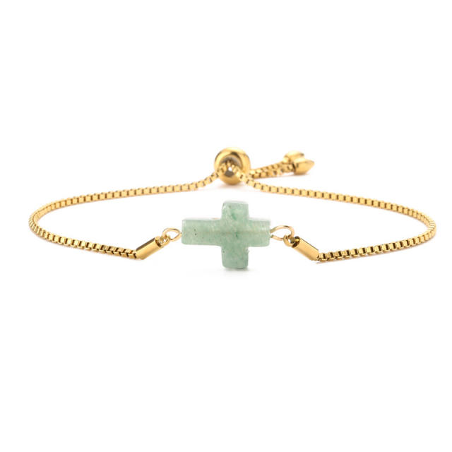 Natural crystal stone cross square stainless steel chain slide bracelet