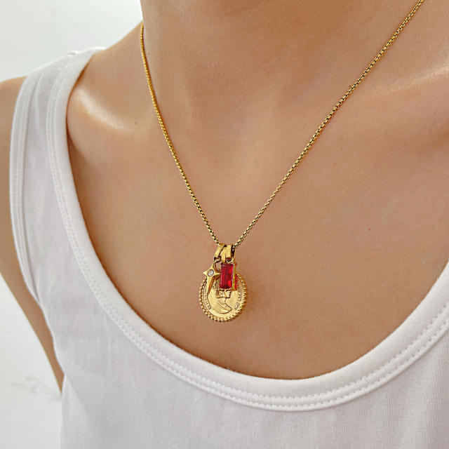 Chic portrait coin pendant ruby cubic zircon stainless steel necklace