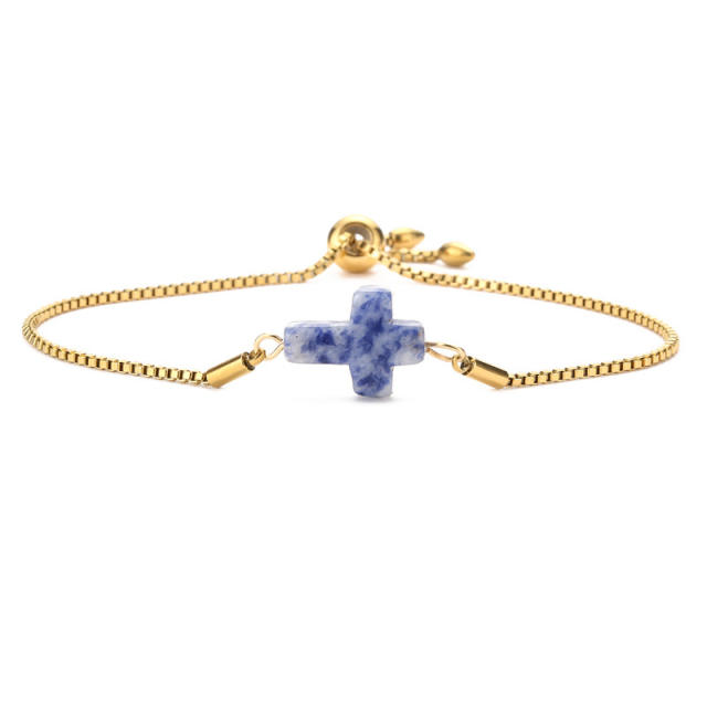 Natural crystal stone cross square stainless steel chain slide bracelet