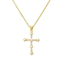 Elegant pearl bead cross evil eye pendant gold plated copper necklace