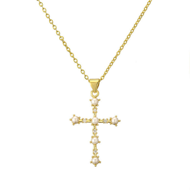 Elegant pearl bead cross evil eye pendant gold plated copper necklace