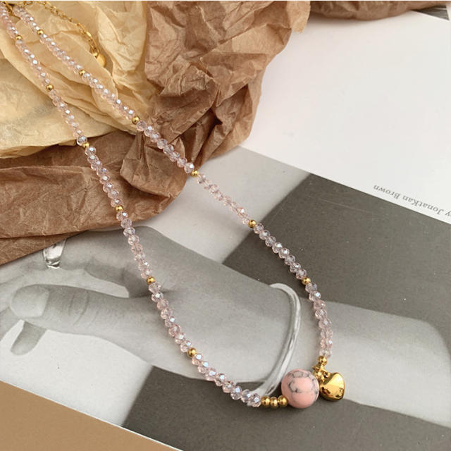 Sweet colorful crystal bead stainless steel heart neckalce