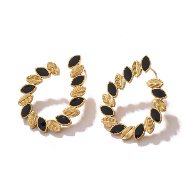 Occident fashion color enamel leaf geometric stainless steel earrings