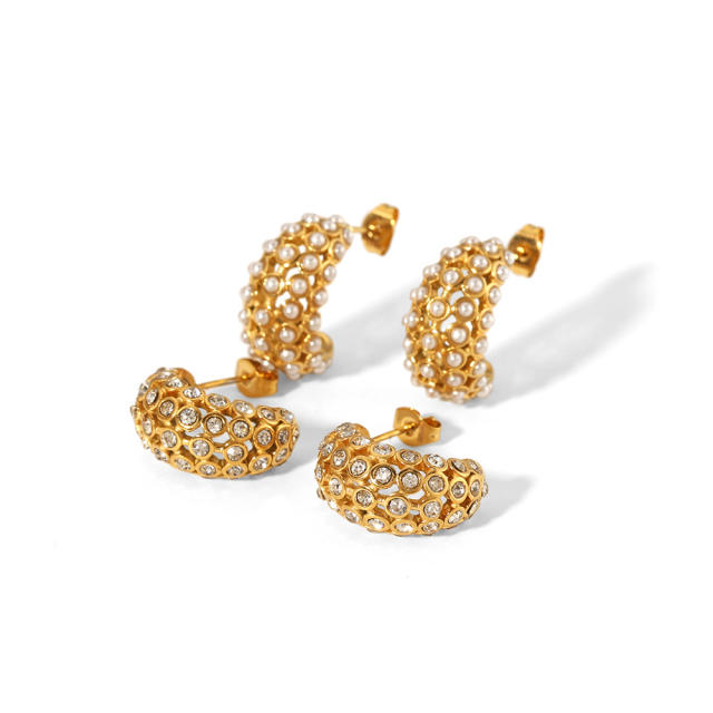 18K pave setting pearl cubic zircon stainless steel studs earrings