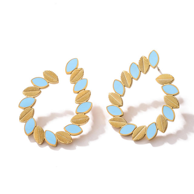Occident fashion color enamel leaf geometric stainless steel earrings