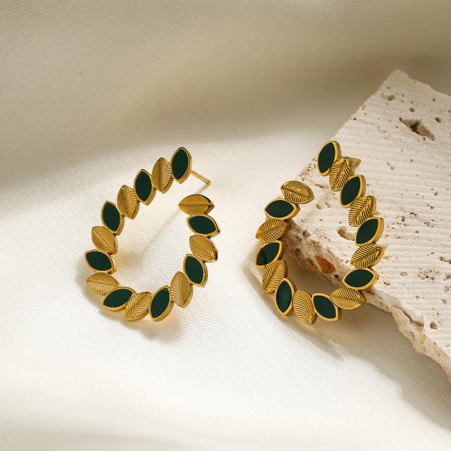 Occident fashion color enamel leaf geometric stainless steel earrings