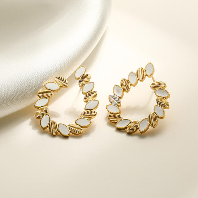 Occident fashion color enamel leaf geometric stainless steel earrings
