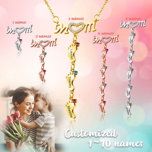 Delicate diamond mom letter birthstone footprint stainless steel necklace