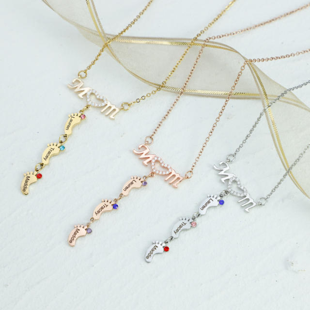 Delicate diamond mom letter birthstone footprint stainless steel necklace