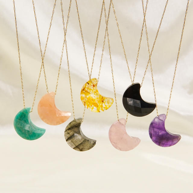 INS natural crystal stone moon pendant stainless steel chain necklace