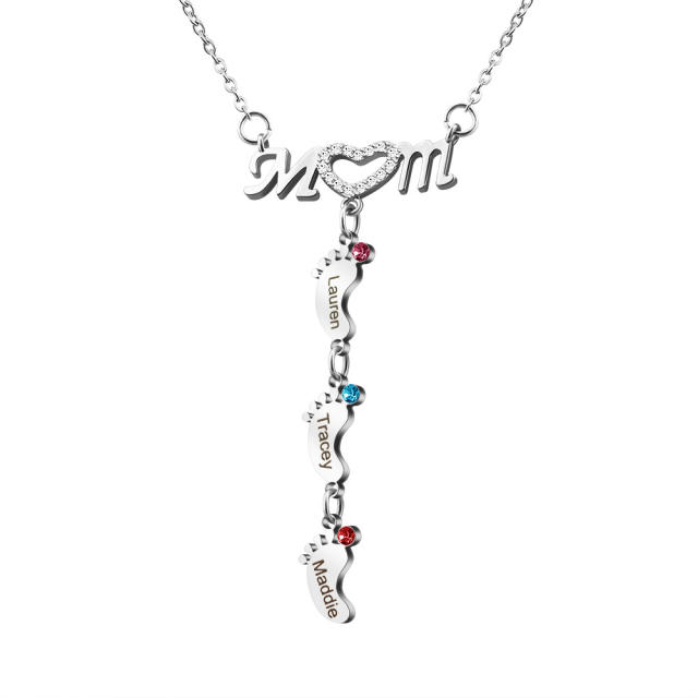 Delicate diamond mom letter birthstone footprint stainless steel necklace