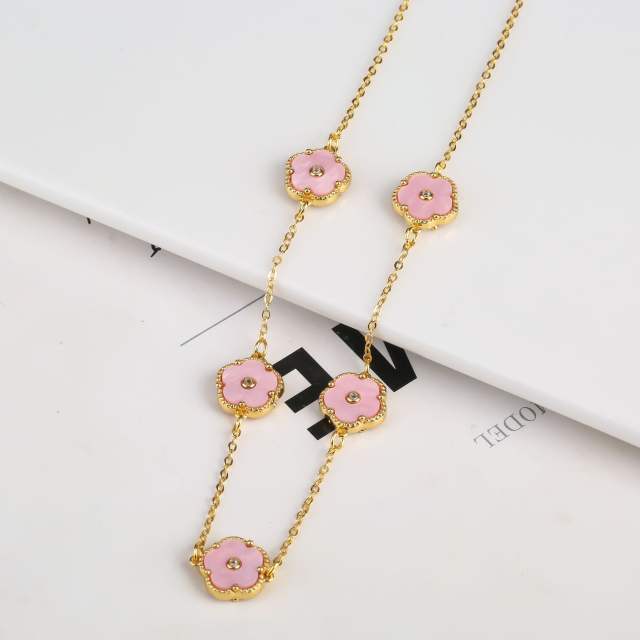 Delicate colorful 5 petal flower gold plated copper necklace bracelet set