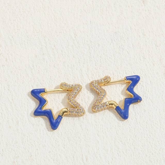 Personality color enamel cubic zircon diamond star shape copper earrings