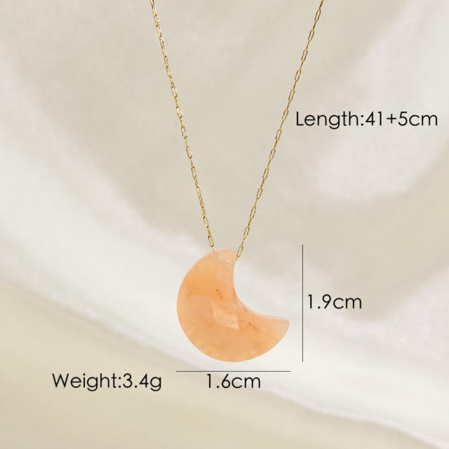 INS natural crystal stone moon pendant stainless steel chain necklace