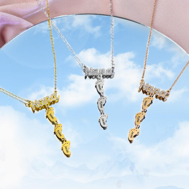DIY diamond NANA letter footprint engrave name stainless steel necklace