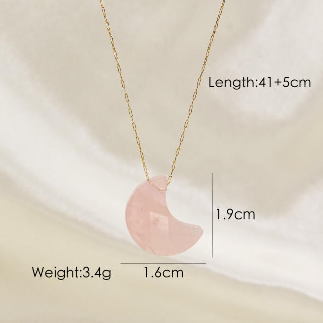 INS natural crystal stone moon pendant stainless steel chain necklace