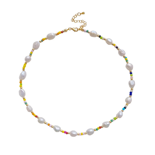 Boho water pearl colorful seed bead choker necklace