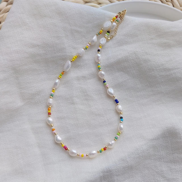 Boho water pearl colorful seed bead choker necklace