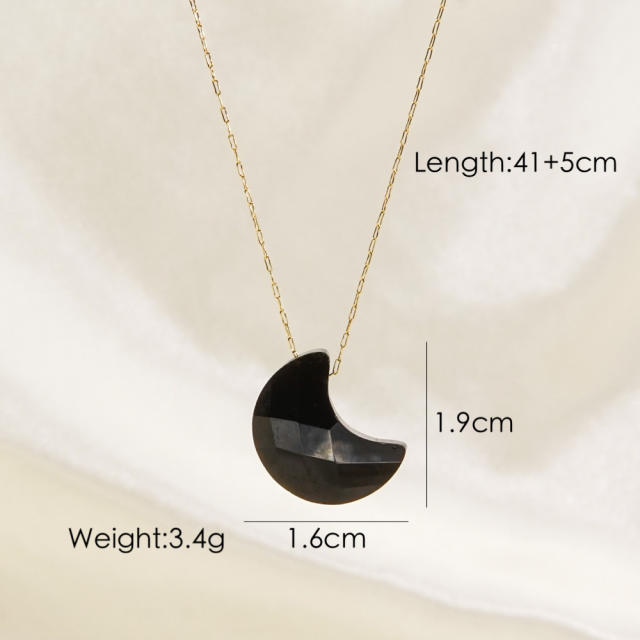 INS natural crystal stone moon pendant stainless steel chain necklace