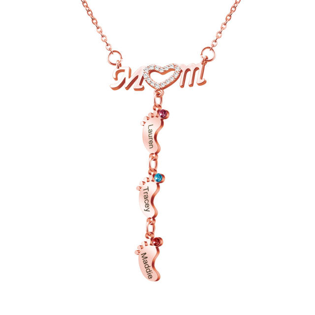 Delicate diamond mom letter birthstone footprint stainless steel necklace