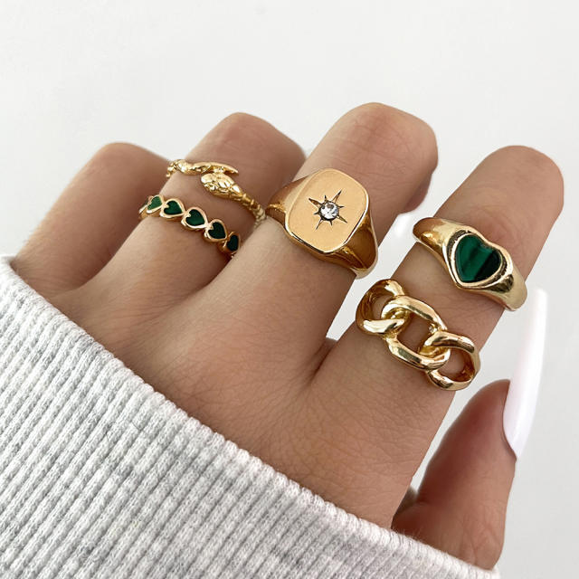 5pcs green color rhinestone statement stackable rings set