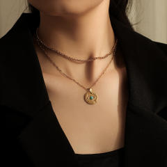 Boho turquoise evil eye coin pendant two layer stainless steel necklace