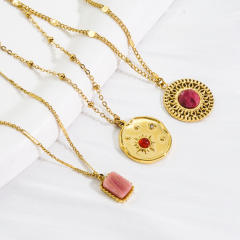 14K natural stone shell pendant coin necklace stainless steel necklace