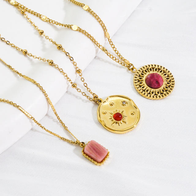 14K natural stone shell pendant coin necklace stainless steel necklace